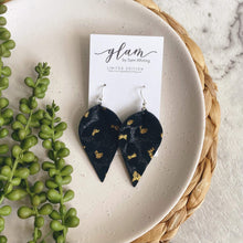 Load image into Gallery viewer, black sparkle leopard petal leather earrings
