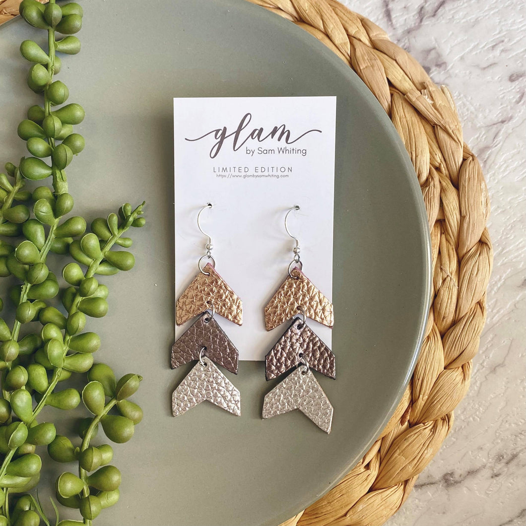 silver, rose gold and grey arrows leather earrings