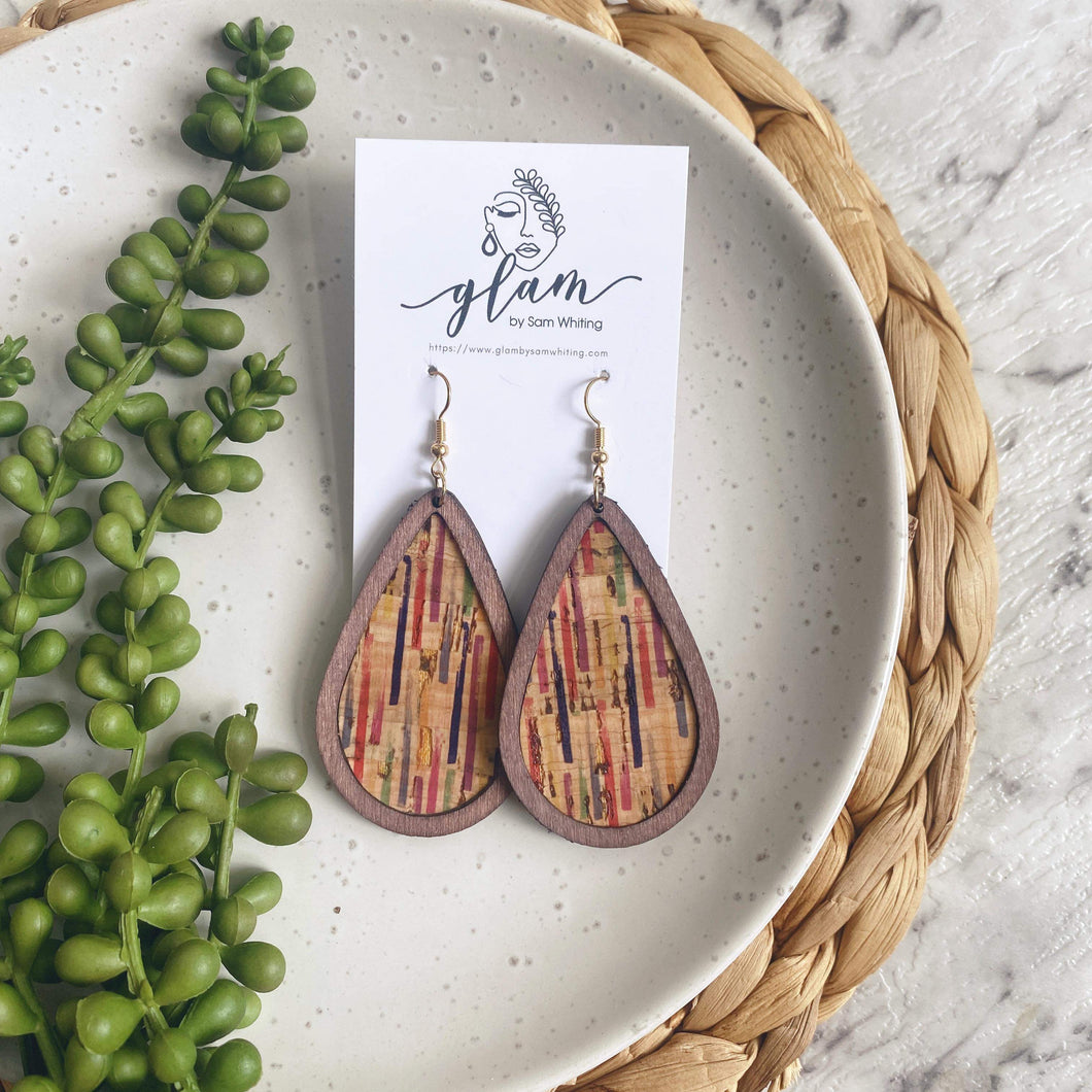 Coloured timber framed teardrop earrings leather