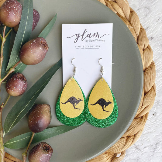 Kangaroo Road Sign leather earrings on a gold coloured hook.  Inspired by the Iconic Australian roadsigns. Australia Day earrings