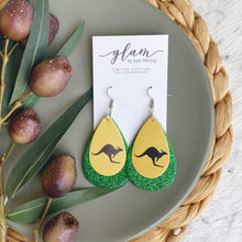 Load image into Gallery viewer, Kangaroo Road Sign leather earrings on a gold coloured hook.  Inspired by the Iconic Australian roadsigns. Australia Day earrings
