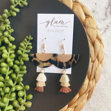 Load image into Gallery viewer, Hollywood Tassels leather earrings on a gold coloured hook.
