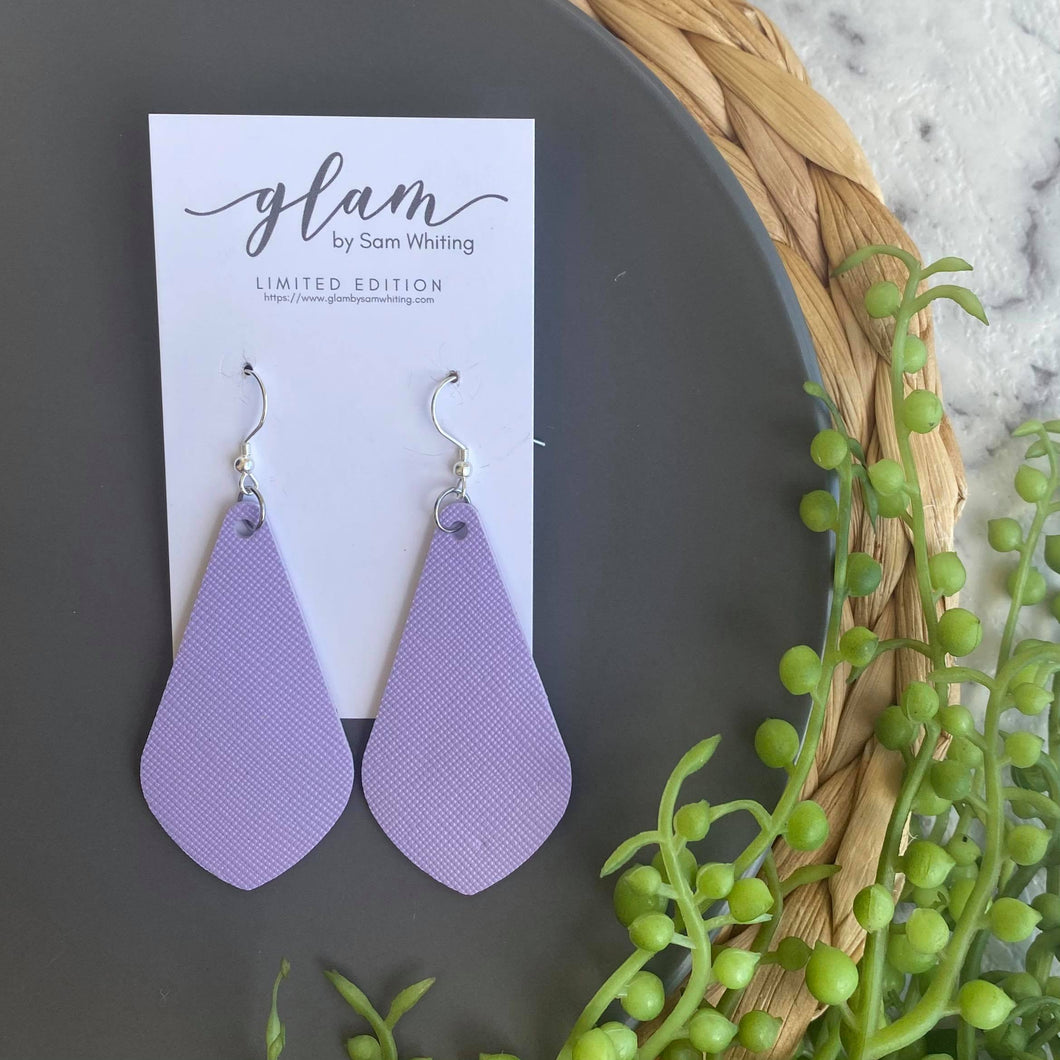 Lilac diamond drop leather earrings with a silver coloured hook.