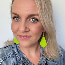 Load image into Gallery viewer, Lime Diamond Drops, leather earrings on silver coloured hook. for dopamine dressing
