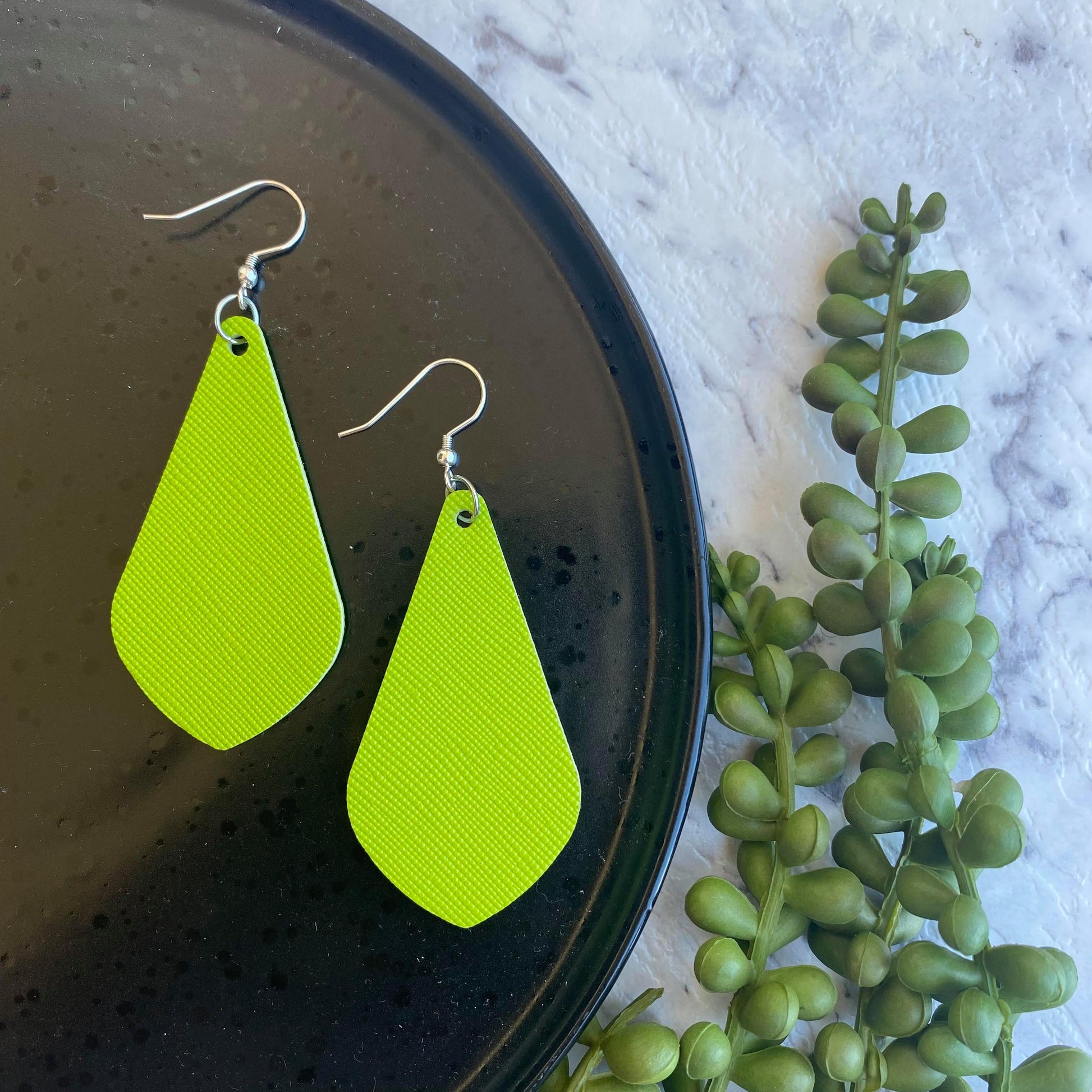 Lime Diamond Drops, leather earrings on silver coloured hook. for dopamine dressing