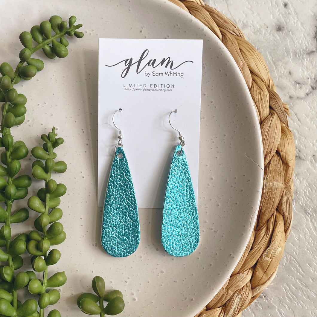 Metallic Aqua Droplets leather earrings with a silver coloured hook.
