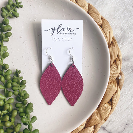 mulberry red coloured leaf earrings made out of faux leather