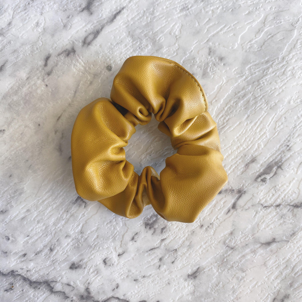 mustard coloured leather hair scrunchie