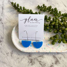 Load image into Gallery viewer, Neon Blue acrylic Arch earrings on a silver coloured hoop
