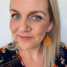 Load image into Gallery viewer, Orange Zest leather earrings with gold frame and a Gold coloured hook.
