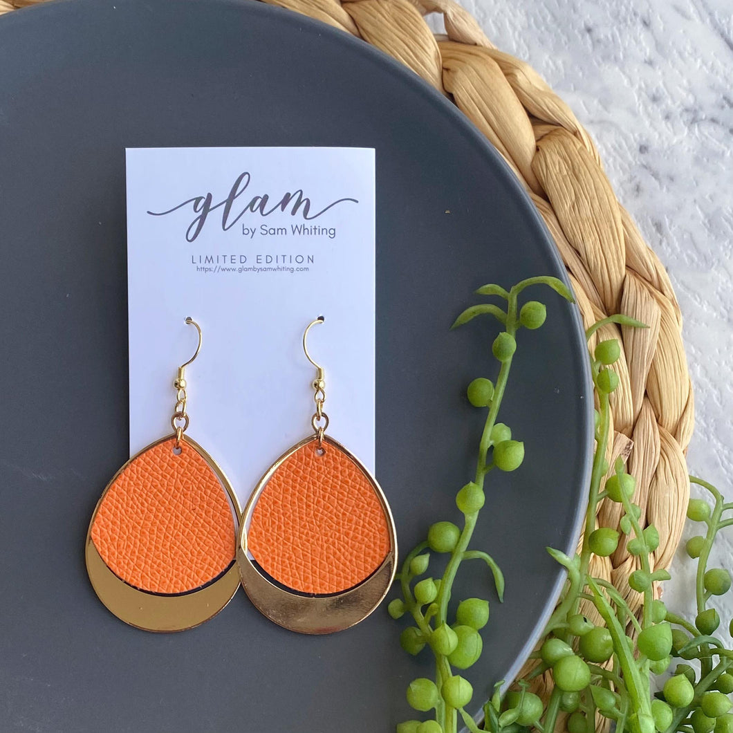 Orange Zest leather earrings with gold frame and a Gold coloured hook.
