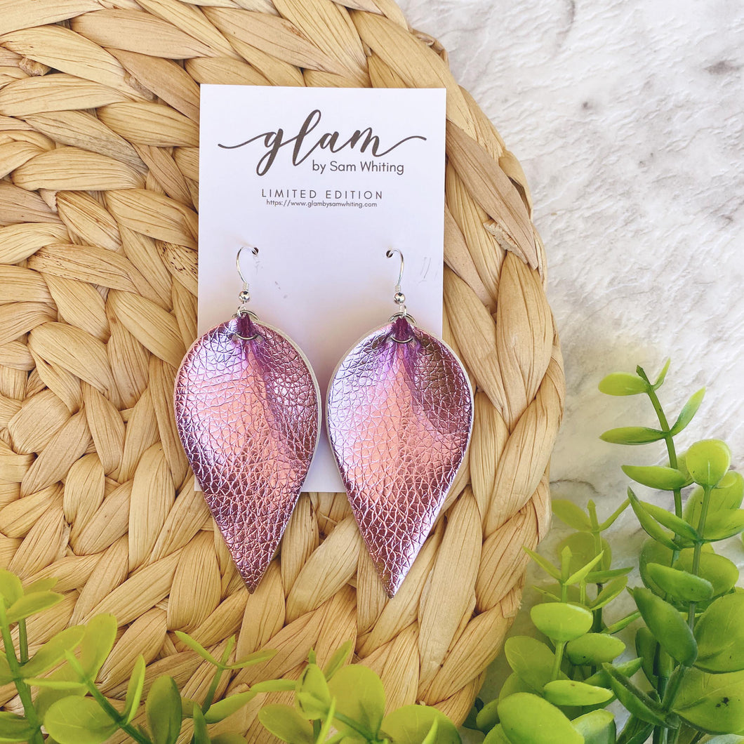 Pink Metallic faux leather petal earrings with silver hook.