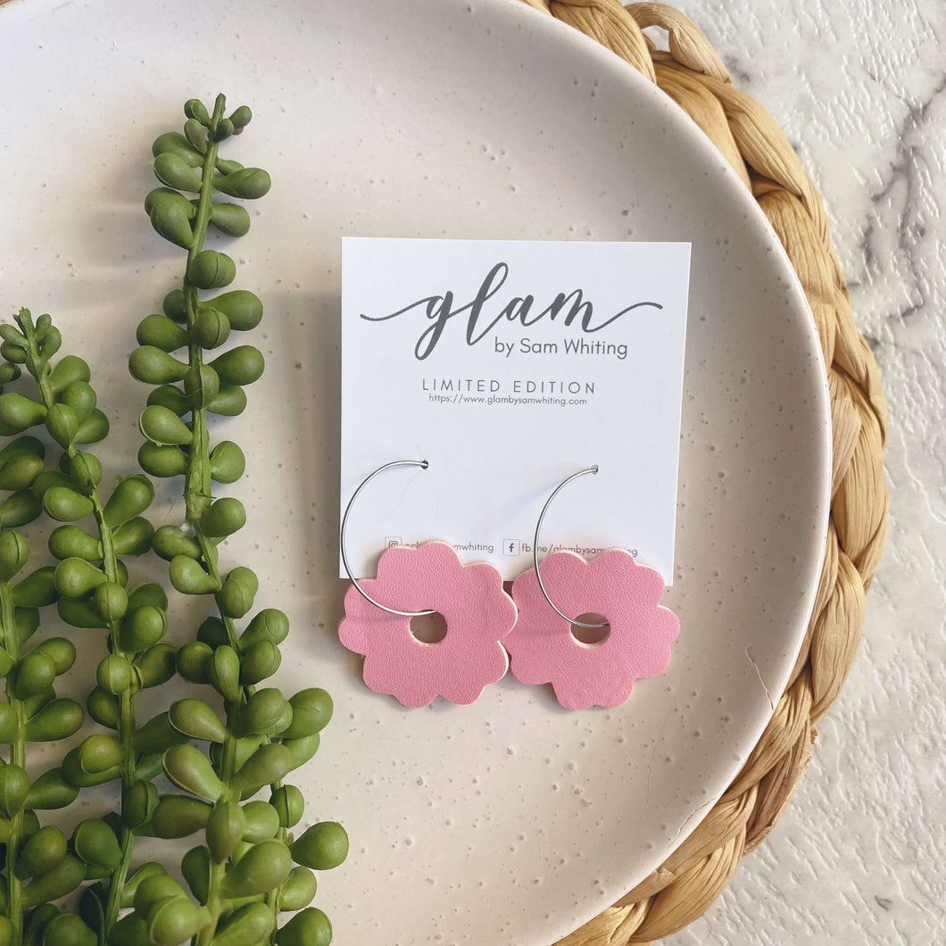 Pink Flower hoops. Double sided faux leather with silver coloured hoops. earrings