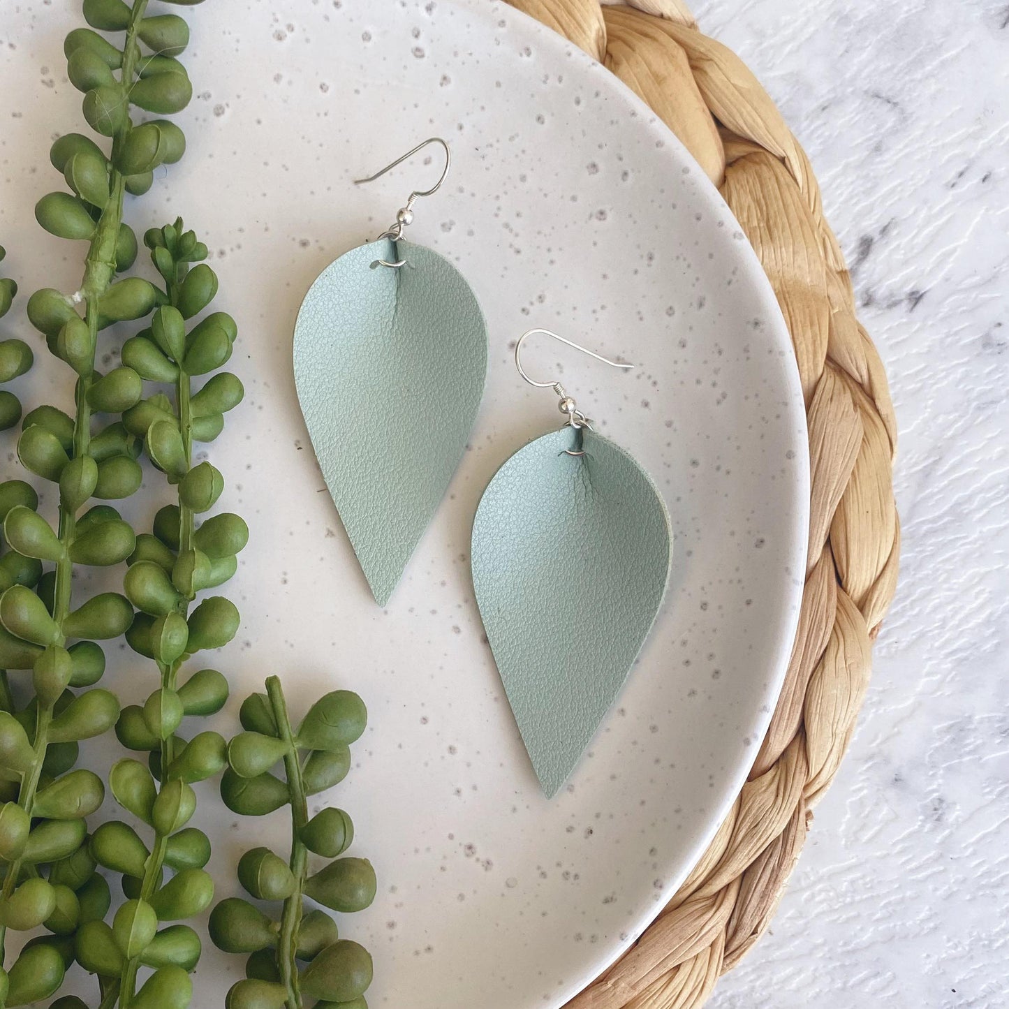 Pistachio Mint Petals // Leather Earrings