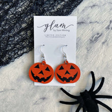 Load image into Gallery viewer, Creepy but Cute halloween earrings on silver hooks and hoops pumpkin
