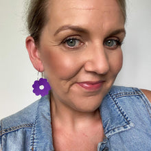 Load image into Gallery viewer, Purple Poppy hoops. Double sided faux leather with silver coloured hoops.
