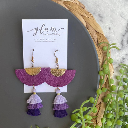 Purple Party Tassels. Leather earrings with a gold coloured hook.