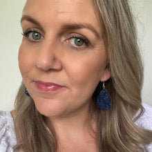Load image into Gallery viewer, Navy Rattan mini leather earring with silver coloured hook.
