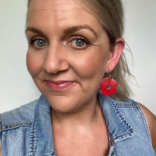 Load image into Gallery viewer, Red Poppy hoops. Double sided faux leather with silver coloured hoops.
