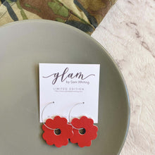 Load image into Gallery viewer, Red Poppy hoops. Double sided faux leather with silver coloured hoops.
