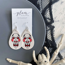 Load image into Gallery viewer, Leather halloween earrings inspired by iconic Horror movies on silver hooks and hoops saw
