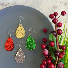 Load image into Gallery viewer, Christmas Sparkle Mini leather earrings available in Green, Gold, Red and Silver. On a silver coloured hook. 
