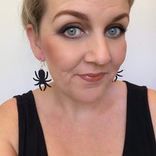 Load image into Gallery viewer, Dark and Spooky halloween earrings on silver hooks and hoops spider
