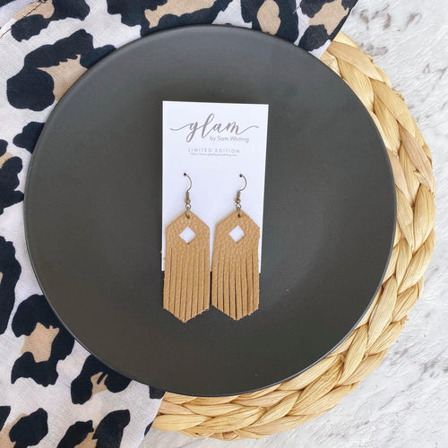 Stunning tan coloured tassels in a soft genuine leather with a bronze coloured hook. 
