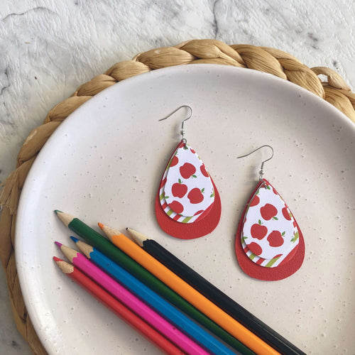 Apples Triple Layer leather earrings on a silver coloured hook. Perfect for Teacher Appreciation gifts.