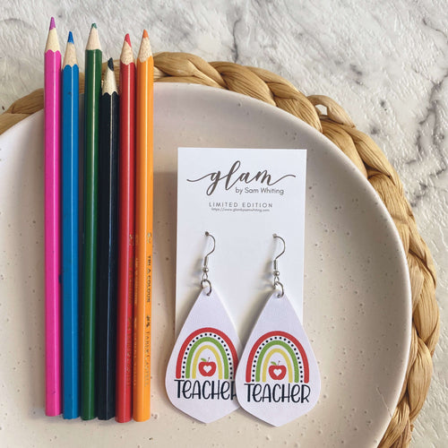 Rainbow Teacher pear shaped leather earrings on a silver coloured hook. Perfect for Teacher Appreciation  Christmas gifts 