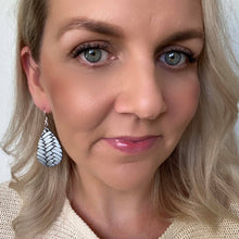 Load image into Gallery viewer, Grey Metallic Textured mini Leather earrings with a silver coloured hook.
