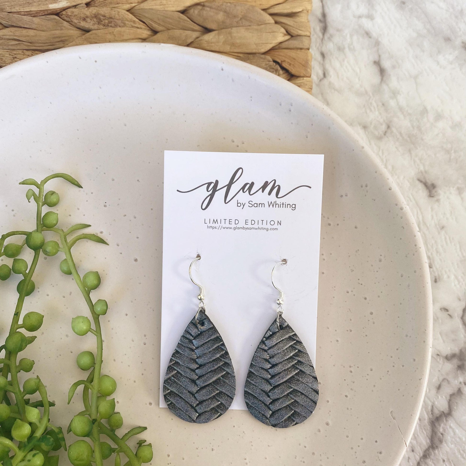 Grey Metallic Textured mini Leather earrings with a silver coloured hook.