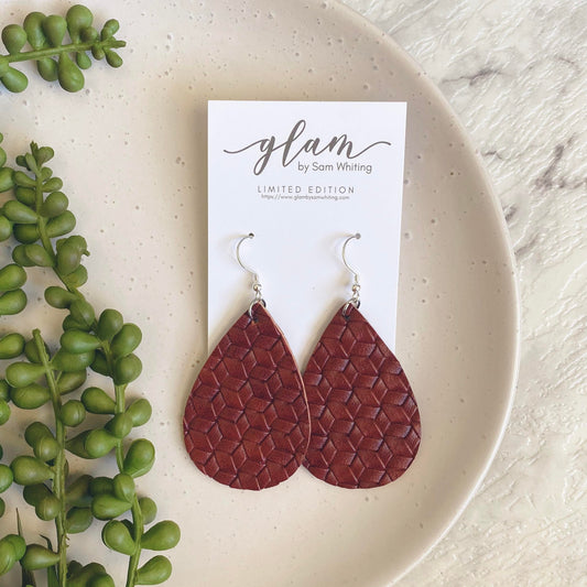 textured maroon teardrop leather earrings