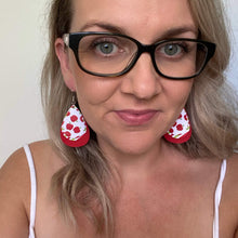 Load image into Gallery viewer, Apples Triple Layer leather earrings on a silver coloured hook. Perfect for Teacher Appreciation gifts.
