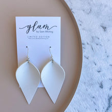 Load image into Gallery viewer, White Petal leather earrings with Silver coloured hook.
