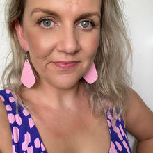 Load image into Gallery viewer, Zimi pink diamond drop leather earrings with a silver coloured hook. mister zimi earrings. mister zimi dress annabelle annabelin azure print 
